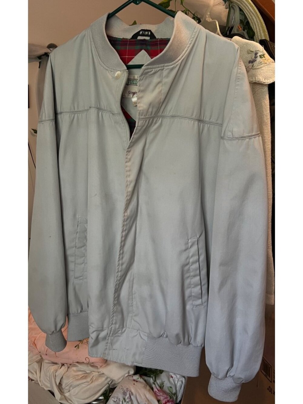 Field & Stream LT Gray Bomber Jacket Plaid Lining Button Zip Vintage Hong Kong